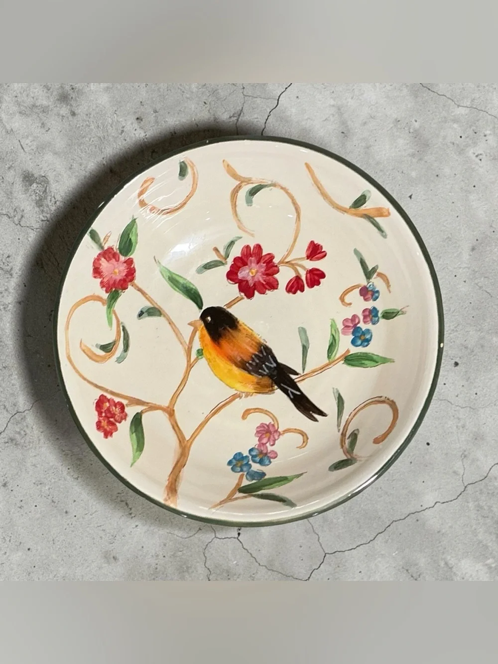 Bird Beige 8-Inch Round Hand Painted Floral Decorative Bowl Green Rim